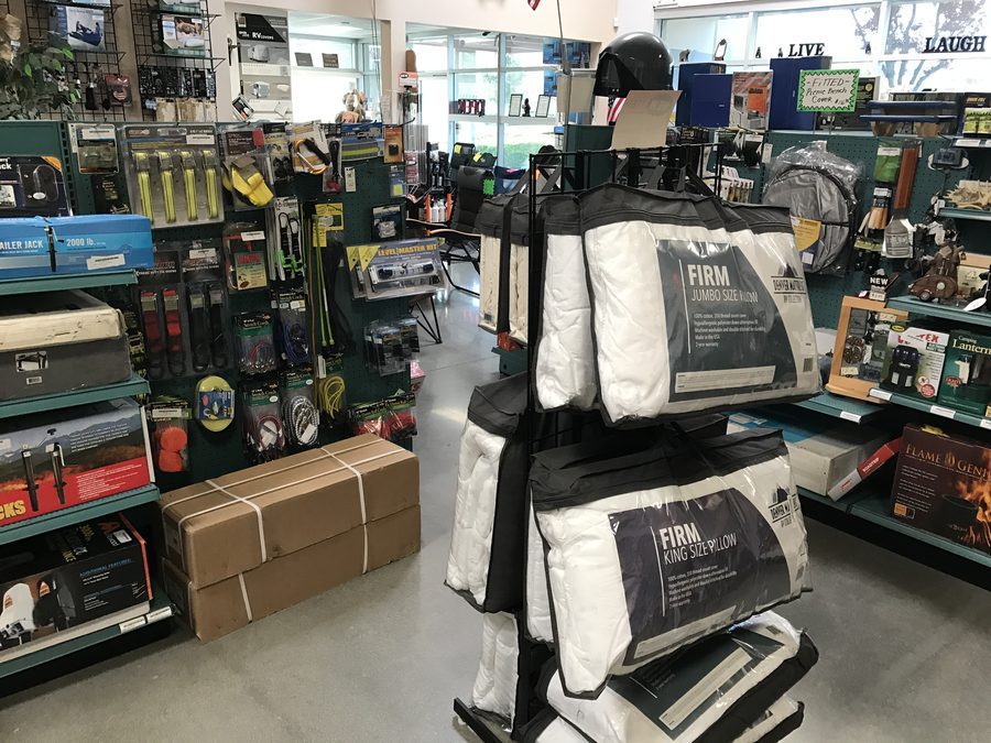 Inland Valley RV store display of RV mattress pillows and bedding accessories